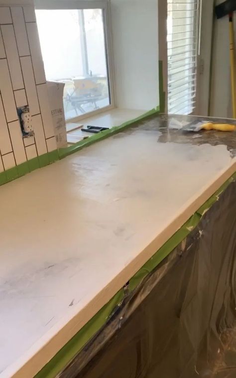 Diy Cement Countertops Over Laminate, Easy Countertop Makeover Laminate, Micro Concrete Countertops, Concrete Looking Countertops, Micro Cement Countertop, Concrete Over Laminate Countertops, Tiled Countertop Bathroom, Diy Concrete Countertops Over Laminate, White Concrete Countertop