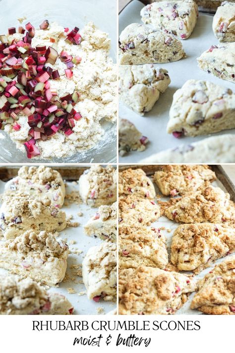 Tender, buttery scones full of juicy, red rhubarb and spicy, sweet crystallized ginger - all topped off with a buttery oat crumble. These Rhubarb Crumble Scones are such a fun, delicious way to use rhubarb and my spin on a classic English rhubarb crumble in scone form! #rhubarbrecipes #rhubarbscones #rhubarbcrumblescones Rhubarb Scones Recipe, Strawberry Rhubarb Scones, Rhubarb Curd, Rhubarb Scones, Vanilla Bean Scones, Rhubarb Chutney, Berry Scones, Oat Crumble Topping, Roasted Rhubarb