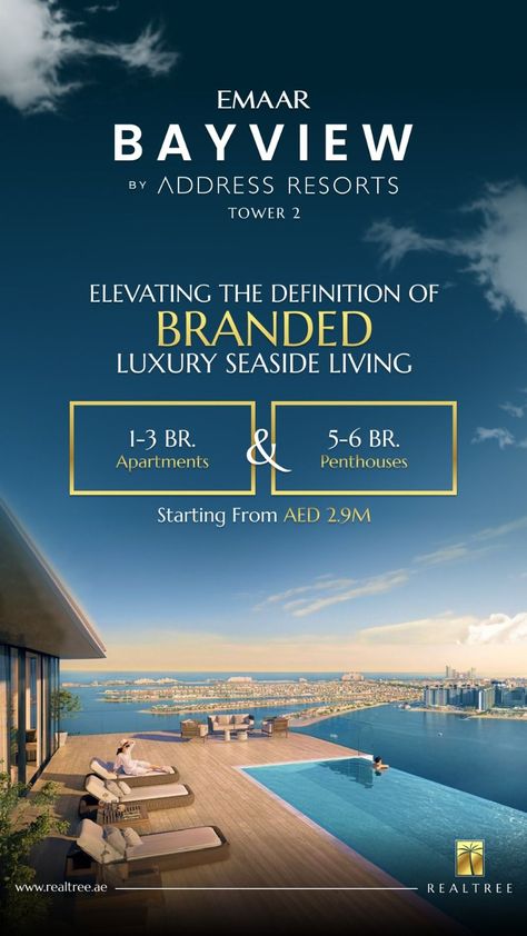 Embracing Success, Tower 2's Journey Beyond Tower 1❗️ 💠 1, 2 & 3 BR. Apartments 💠 5 & 6 BR. Penthouses Starting from AED 2.9M 📢 For inquiries, Contact Us ⬇️ 🌐 Visit us at www.realtree.ae ✉️ Drop us a message: info@realtree.ae 📞Give us a call:+971 52 422 2906 RealTree Properties... BEYOND REAL ESTATE❗️ #bayview #emaardeveloper #luxuryapartments #dubai🇦🇪 #realtree #realtreeproperties #realestateinvestor For more informations visite US! Dubai Properties, Real Estate Banner, Cafe Logo Design, Real Estate Advertising, Real Estate Marketing Design, Real Estate Ads, Seaside Living, Dubai Real Estate, Real Estates Design