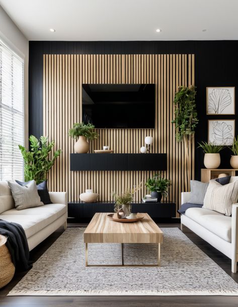 49 Black Accent Wall Ideas To Transform Your Living Room Into A Stylish Haven Slat Wall Living Room Tv, Modern Accent Wall Entryway, Black Wall With Tv, Black Living Room Wall Ideas, Tv Accent Wall Living Room, Accent Wall For Tv, Slat Wall Living Room, Black Aesthetic Living Room, Living Room Feature Wall Ideas