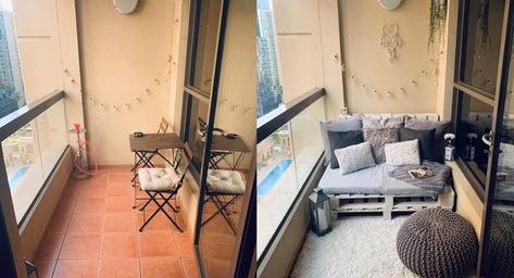 Balcony Before And After, Faux Chandelier, Grey Bed Sheets, Crate Seats, Garden Chairs Metal, Old Bed Sheets, Fake Hanging Plants, Macrame Hanging Chair, Hanging String Lights