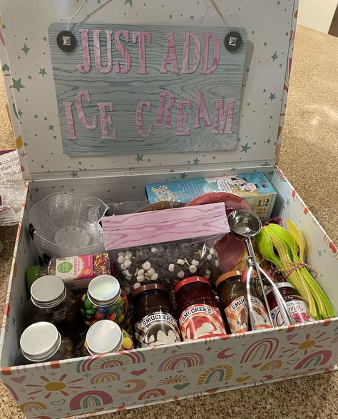 “Just Add Ice Cream” Kit for Sara’s 7th birthday. August/2021. Just Add Ice Cream Gift Basket, Ice Cream Gift Basket, Pta Membership, Ice Cream Gift, Birthday Basket, Bird Boxes, Ice Cream Machine, Box Ideas, Basket Ideas