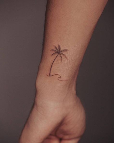 Small Coconut Tree Tattoo, Aesthetic Palm Tree Tattoo, Single Needle Palm Tree Tattoo, Palm Tree Wave Tattoo Ankle, Palm And Wave Tattoo, Palm Tree Sea Shell Tattoo, Small Palm Tree Tattoo Wrist, Wave Tattoo With Palm Tree, Palm Tree Neck Tattoo