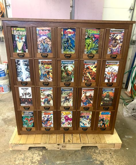 20 Drawer Comic Book Storage Cabinet Comic Book Box Storage, Comic Book Storage, Cabinet Base, Scratched Wood, Storage Cabinet With Drawers, Dog Crates, Comic Book Collection, Furniture Repair, Book Storage