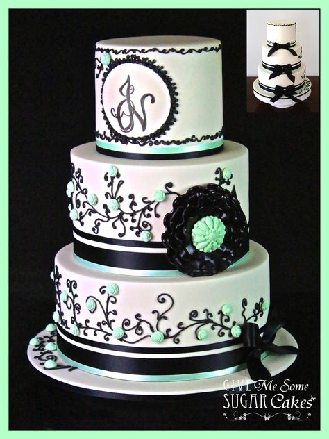 Ivory and Black wedding  - Ivory shimmer & black wedding cake, with mint green highlights to match the bridesmaid dresses. The Bride and Groom sent me a picture of a black and white cake they wanted me to customise to compliment their wedding theme. I added a few items and changed the colours, to produce this creation for their special day. I would love to credit the original cake, but unfortunately through countless web searches, i cannot find its designer to give a shout-out to. Mint Green Highlights, Ivory And Black Wedding, Mint Green Cakes, Mint Wedding Cake, Black Wedding Cake, Mint Green Wedding, Black Weddings, Ivory Wedding Cake, Round Wedding Cakes