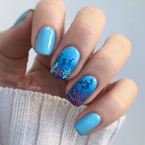 Tanya • Nail Art • Tutorials (@nailsteria) posted on Instagram: “Underwater nail art🐟 ⠀ Products used: • @kadsnailart Min 004 stamping plate • @kadsnailart stamping polishes C05, C19 and 02 _____…” • Aug 6, 2019 at 3:45pm UTC Fish Nails, Nail Art Tutorials, Nail Art Products, Senior Trip, Nails For Kids, Jelly Fish, Art Products, Stamping Plates, Nail Art Tutorial