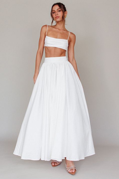 Shop the Love Songs Tied Back Maxi Skirt White | Selfie Leslie Luxury White Festive Skirt, Luxury White Skirt For Festive Occasions, White Skirt Crop Top Outfit, White Dress Two Piece, Skirt And Top Ideas, 2 Piece White Dress, 2 Piece Long Dress, White Skirt And Top, White Two Piece Outfit