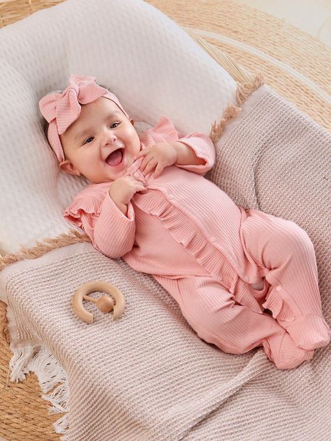 SHEIN Baby Girl Newborn Baby Ruffle Trim Button Front Footed Sleep Jumpsuit With HeadbandI discovered amazing products on SHEIN.com, come check them out! Dress Baby For Sleep, Newborn Pink Clothes, Newborn Sleeper, Baby Girl Sleepers, Baby Sleepers, Newborn Outfits, Ruffle Trim, Baby Girl Newborn, Aesthetic Girl