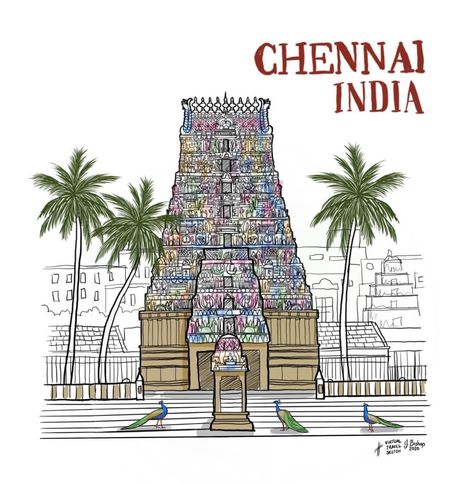 Temple Illustration Indian, Chennai Illustration, Kapaleeshwarar Temple, Chennai Art, Madras City, Temple Drawing, Travel Doodles, India Poster, Diesel Shirts