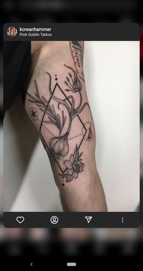 Herb Tattoo Sleeve, Bouquet Garni Tattoo, Garlic Bulb Tattoo, Allium Tattoo, Garlic Tattoo, Vegetable Tattoo, Bulb Tattoo, Herb Tattoo, Herb Bouquet