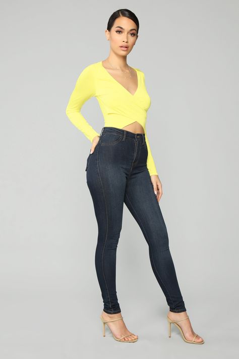 Yellow And Lavender, Outfit Mujer, Fashion Nova Models, Surplice Neckline, Fashion Nova Jeans, Yellow Fashion, Product Page, Jeans Dress, Cut And Style