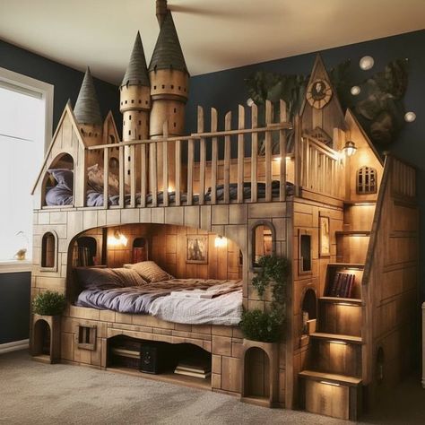 Castle Bunk Bed, Childrens Bedrooms Design, Castle Bed, Castle Bedroom, Children's Bedroom Ideas, Harry Potter Room Decor, Kura Bed, Fantasy Furniture, Minecraft Bedroom