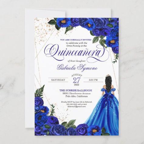 $ 3.15 | Royal Blue Floral Rose & Gold Elegant Quinceañera - quinceanera invitation, girl in gown, quinceanera, mexican birthday celebration, latina, mis quince anos, roses, 15th birthday, royal blue, elegant floral Fancy Ball Gowns, Royal Blue Roses, Rose Gold Foil Invitations, Elegant Floral Dress, Fancy Ball, Quince Invitations, Rose Gold Tiara, Quinceanera Invitation, Mexican Birthday