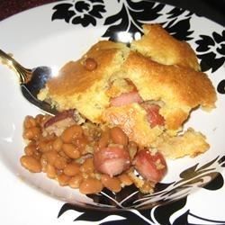 Lil Smokies Baked Beans Cornbread, Little Smokies Baked Beans And Cornbread, Beans And Weiners Casserole, Kielbasa And Cornbread, Beans And Weenies, Hot Dogs And Beans, Crockpot Little Smokies, Baked Bean Casserole, Comforting Casseroles