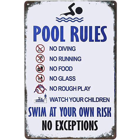 PRICES MAY VARY. Pool Rules Sign - Perfect decor for swimming pools! Add a splash of wall art pool decor to your swimming area this season.Funny pool rules signs.Metal sign dimensions are 12x8 Inch FEATURES:Tin signs are printed by waterproof and non-glare high-definition digital printing ink.The graphics and wordings of the sign will withstand the elements and will not fade over the years.No matter the sun, rain, or other extreme weather. Easy To Hang: This Lightweight Metal Tin Sign Comes With Swimming Pool Rules, Pool Rules Sign, Restaurant Beach, Pool Rules, Club Restaurant, Pool Signs, Swimming Pool Water, Play Pool, Beach Cafe