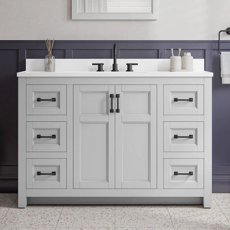 Bathroom Cabinet Organization Under Sink, Under Sink Drawers, Bathroom Cabinet Handles, Black Pulls, Widespread Faucet, Bathroom Cabinet Organization, Grey Laminate, Gray Vanity, Under Sink Organization