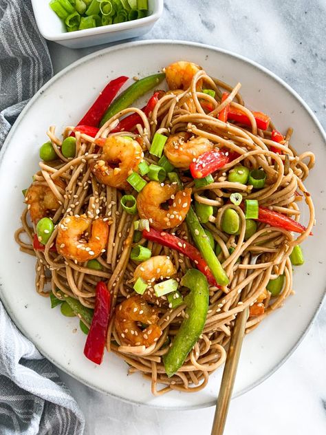 Shrimp Noodles Recipes, Soba Recipe, Sesame Shrimp, Soba Noodles Recipe, Shrimp Noodles, Soba Noodle, Buckwheat Noodles, Noodle Dish, Quick Appetizers