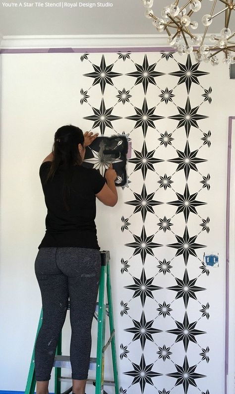 The BEST Way to Decorate Your Walls - Wall Stencils - How to Stencil – Royal Design Studio Stencils Modern Kitchen Backsplash, Backsplash Patterns, Royal Design Studio Stencil, Star Tile, Diy Kitchen Backsplash, Salon Suites, Tile Stencil, Large Stencils, Geometric Tiles