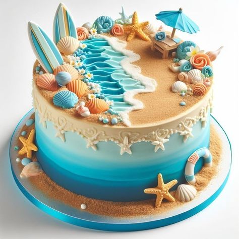 Beach Cakes Birthday, Christmas In July Cake, Luau Cake Ideas, Ocean Cake Ideas, Fortnight Cake, Summer Cake Ideas, Sea Birthday Cake, Surfboard Cake, Summer Birthday Cake