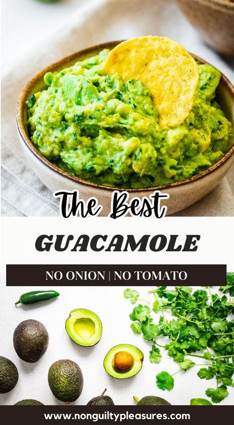 This zesty guacamole recipe is perfect for those who don't like onions or tomatoes in their avocado dip. With just a few fresh ingredients like ripe avocados, cilantro, green chile, and lime juice, you can make a delicious and creamy guacamole. This dip is so easy to make and is a hit at parties and gatherings. So, grab a bowl of tortilla chips and enjoy the best guacamole recipe with no onion and no tomato as a delicious party snack! Guacamole Recipe Easy No Tomato, Vegan Guacamole Recipe, How To Make Guacamole Easy, Guacamole Recipe No Onion, Easy Guacamole Recipe Simple, Homemade Guacamole Recipe Easy, Guacamole Recipe No Tomato, Guacamole Recipe Without Cilantro, Yummy Guacamole Recipe