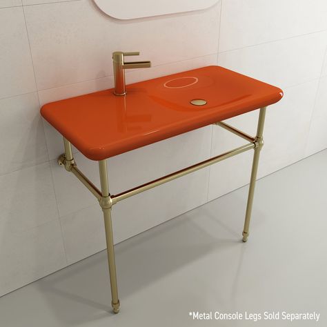 BOCCHI Fenice 36" Rectangle Wallmount Fireclay Bathroom Sink, Orange, Bathroom Sink Wall Mount, Sink Inspo Bathroom, Post Modern Bathroom Vanity, Colorful Bathroom Sink, Vintage Sink Bathroom, Striped Bathroom Walls, Small Bathroom Sink, 1970s Bathroom, Fireclay Bathroom