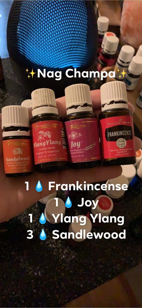 Nag Champa Essential Oil Recipe, Young Living Recipes, Young Living Essential Oils Recipes, Essential Oil Diffuser Recipes, Oil Diffuser Recipes, Nag Champa, Essential Oil Blends Recipes, Essential Oil Mixes, Diffuser Recipes