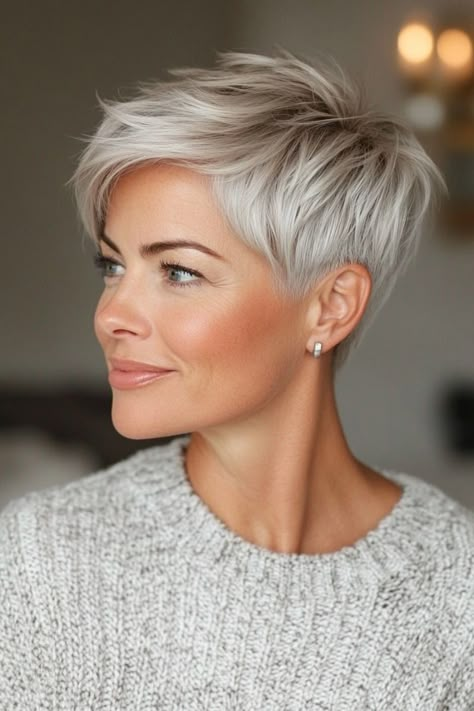 Click for More ➡️ | Save for Later ❤️  A timeless pixie cut that keeps it simple and stylish, featuring a soft silver shade to embrace natural grays. (Classic Pixie in Soft Silver - Modern Hairstyles For Women Over 50) Gray Pixie Haircut Over 50, Modern Hairstyles For Women, Coiffures Pixie, Classic Pixie, Short White Hair, Short Pixie Cuts, Chic Short Hair, Short Hair Images, Short Blonde Haircuts