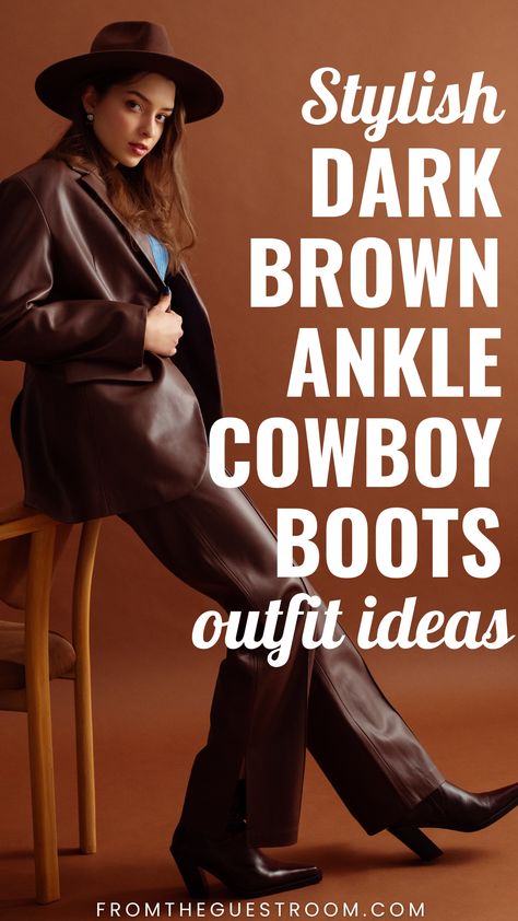 a woman wears dark brown cowboy boots, western outfits Boots Outfit Ideas For Women, Brown Ankle Boots Outfit, Ankle Cowboy Boots Outfit, Short Cowboy Boots Outfit, Red Cowboy Boots Outfit, Cowboy Boots Women Outfits, Black Cowboy Boots Outfit, Jeans Boots Outfit, Boots Outfit Ideas