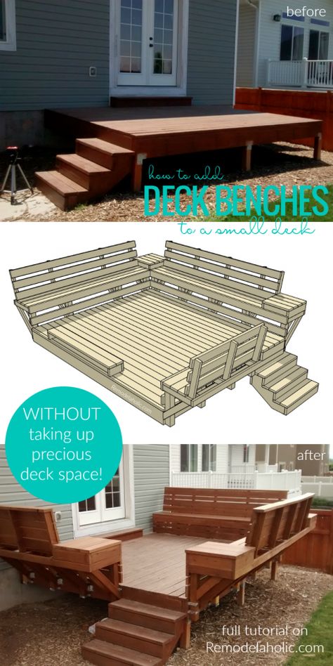 Deck Benches, Deck Bench Seating, Outdoor Deck Decorating, Deck Building Plans, Deck Bench, Diy Space Saving, Free Building Plans, Deck Seating, Deck Building