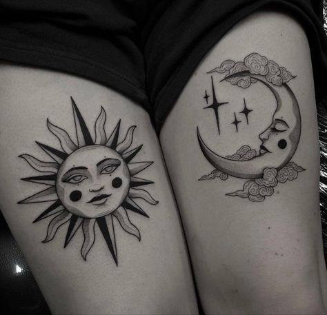 Sun And Moon Knee Tattoo, Moon Tattoo Leg, Moon Knee Tattoo, Tattoos Sun And Moon, Shin Tattoos, Shin Tattoo, Sun And Moon Tattoo, Tattoo Leg, Sun Tattoos