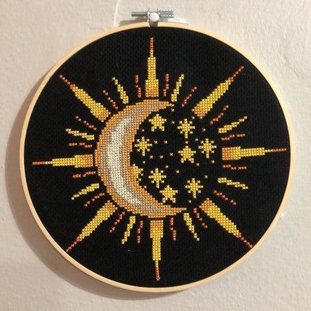 Cross Stitch Moon And Stars, Moon Cross Stitch Pattern Free, Crystal Cross Stitch, Celestial Cross Stitch, Sun Cross Stitch Pattern, Sun Cross Stitch, Star Cross Stitch, Moon Cross Stitch Pattern, Love Cross Stitch