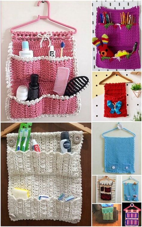 Crochet Hanger Organizer, Crochet For College Dorm Room, Crochet Household Items Home Decor, Crochet Wall Hanging Storage, Crochet Organizers Free Pattern, Crochet Organization Patterns, Crochet Hanging Organizer Free Pattern, Crochet Home Organization, Crochet Bathroom Organizer