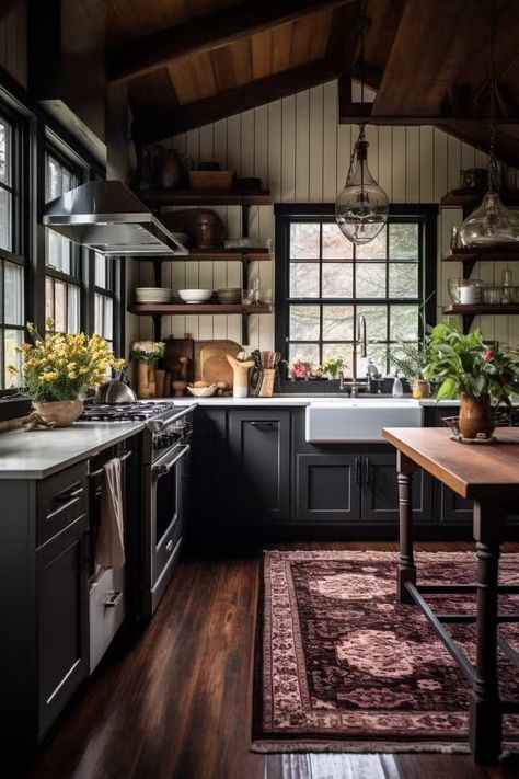 40+ Aesthetic Moody Farmhouse Kitchen Ideas Butcher Block Countertops Black Cabinets, Moody Farmhouse, Trendy Kitchen Design, Warehouse Kitchen, 40 Aesthetic, Warm Wood Tones, Moody Kitchen, Cozy Cottage Kitchen, Devol Kitchens