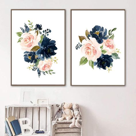 Boho Girls Nursery, Pink Floral Watercolor, Blue Flower Art, Blush Walls, Art Prints Boho, Floral Watercolor Paintings, Girl Nursery Wall, Floral Wall Art Canvases