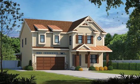 Cottage two-story design, 4 bed, 4 bath, 2506 sq ft narrow footprint In Law Unit, Arched Entryway, Porch Grill, Arch Entryway, Narrow Lot House Plans, Outdoor Entrance, Eating Area, Drop Zone, Design Basics