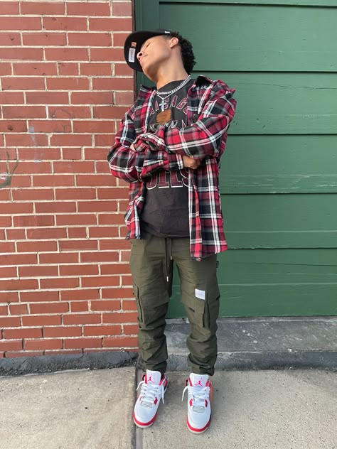 Mens Camo Jacket Outfit, Fire Red Outfit, Dope Boy Outfits, Camouflage Winter Streetwear Outerwear, Camo Streetwear, Red And Black Streetwear Outfit Men, Fashion Outfits Streetwear, Men’s Camo Jacket Outfit, Men Streetwear Fashion