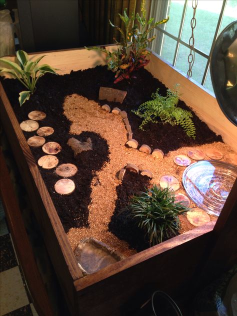 Indoor enclosure I made for our newest little family member Yurdle the Turtle, aka Columbus:) Tortoise Enclosure Indoor, Box Turtle Habitat, Tortoise Terrarium, Turtle Cage, Tortoise Cage, Turtle Enclosure, Turtle Terrarium, Red Footed Tortoise, Turtle Aquarium