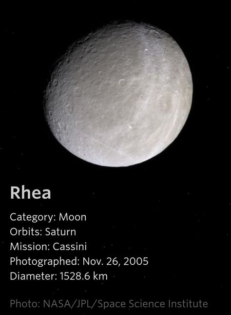 Rhea - a Saturn Moon Saturn Moons, Hubble Pictures, Moon Orbit, Saturns Moons, Astronomy Facts, Planets And Moons, Space Facts, Nasa Jpl, Universe Galaxy