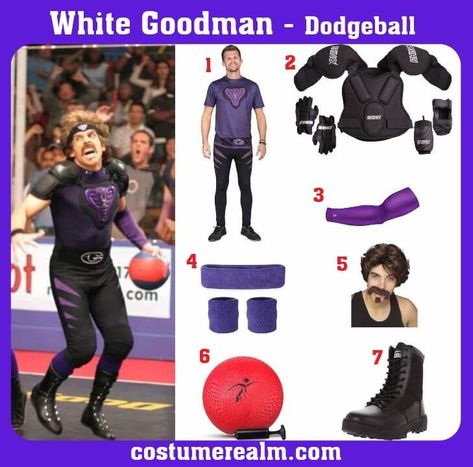 Dress Like White Goodman From Dodgeball, White Goodman Costume For Halloween & Cosplay Guide White Goodman Costume, Mustache Costume Ideas, Dodgeball Halloween Costume, Dodgeball Costume, White Dress Costume, Mustache Costume, Goatee Beard, Halloween 23, Costume Guide