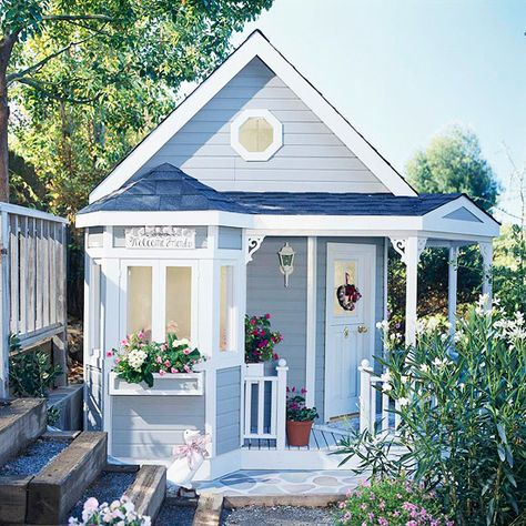 . Backyard Playhouse Ideas, Shed Playhouse, Garden Playhouse, Cute Cottages, Backyard Playhouse, Build A Playhouse, Little Cottages, Small Cottages, A Small House