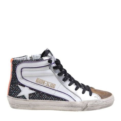 GOLDEN GOOSE SLIDE METALLIC NET  HIGH TOP SNEAKERS, SIZE 39 Golden Goose Slide, The Golden Goose, Orange Heels, Goose Shoes, Golden Goose Shoes, White Star, Golden Goose, Black Laces, High Top