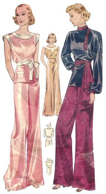 Revival Designed Glam Pajamas, 1930s Pajamas, Beach Pjs, Pajamas Sewing Pattern, Pajamas Sewing, Vintage Fashion 1930s, Vintage Loungewear, Satin Pjs, 1930's Fashion