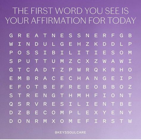 Photo Credit: keyssoulcare (IG) #wordsearch #dailyaffirmation #souljourneys #iggames #instagramgames Keys Soulcare, Number Words, Skincare And Makeup, Alicia Keys, What Do You See, Positive Self Affirmations, One Word, Letters And Numbers, Daily Affirmations