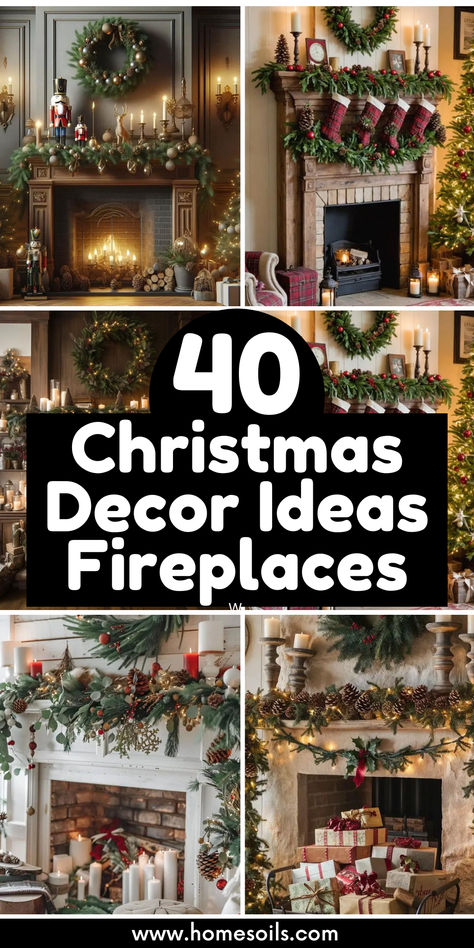 Elevate your holiday ambiance with 40 breathtaking Christmas fireplace décor ideas. Discover a range of styles, from classic elegance to modern charm, perfect for creating a warm and festive atmosphere. Transform your fireplace into the heart of your holiday celebrations with these inspiring designs. Mantle Decor Holiday, European Christmas Decor Ideas, Easy Elegant Christmas Decorations, Christmas Decor With Fireplace, Sophisticated Christmas Decor Ideas, Christmas Fireplaces Decorated, Mantle With Christmas Trees, Mantel And Hearth Decorating Ideas, Fireplaces With Mirrors Above