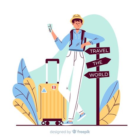 Boy going on a trip Free Vector Traveling Illustration, Trip Illustration, Hotel Illustration, Iphone Wallpaper Travel, Flat Colour Design, Trip Design, Human Vector, Flat Design Illustration, Voyage Europe