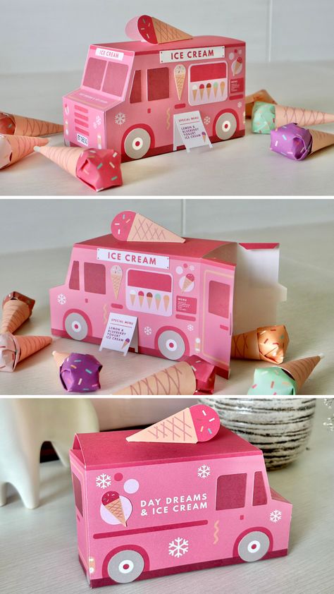 Looking for a unique and thoughtful gift idea for your boyfriend or best friend? Check out this DIY tutorial on how to make a pink ice cream truck candy box from paper! This charming and whimsical candy box can hold up to 6 delicious chupa chups candies, making it the perfect gift for candy lovers #giftforbestfriend #candyboxgiftdiy #diytreatbox #diycrafts #giftforboyfriend Template Link: https://www.pinterest.com/GetWellPlanPlanner/ice-cream-truck-candy-box/ Paper Candy Diy, Ice Cream Truck Valentines Boxes, Diy Candy Box Gift, Candy Box Ideas Diy, Candy Box Ideas, Candy Box Design, Candy Box Template, Packaging Creative, Candy Treat Box