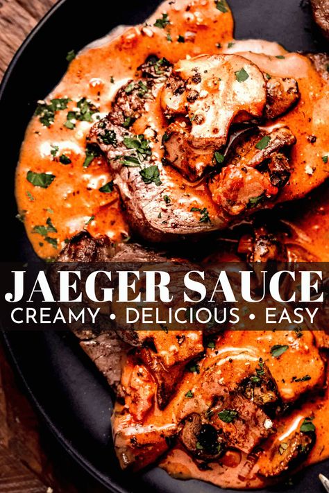 Jaeger Sauce is a German mushroom gravy that's easy to make in 20-minutes with everyday ingredients. Serve it with schnitzel, steak & more! // schnitzel sauce // german recipes German Bbq Ideas, Savoury Sauce Recipes, Schnitzel Sauce Recipe, Pork Tenderloin Sauce Recipes, Schnitzel Gravy Recipe, Worchester Sauce Recipe, Jaeger Sauce, Beef Sauce Recipes, Schnitzel Sauce