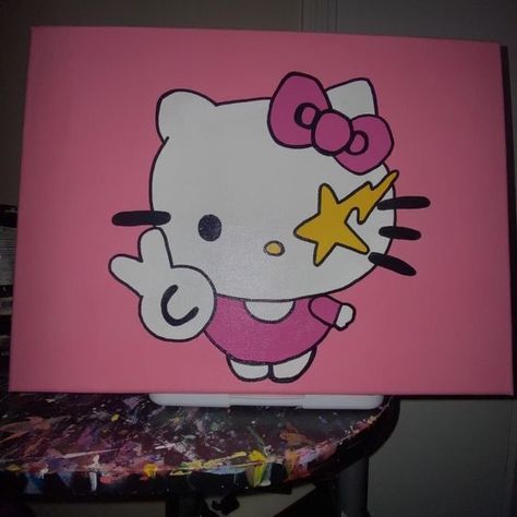 Brown Hello Kitty Painting, Pink Bape Paintings, Painting Of Hello Kitty, Hello Kitty X Kaws Painting, Bape X Hello Kitty Painting, Hello Kitty Painting Y2k, Kaws Hello Kitty Painting, Kaws X Hello Kitty, Mini Canvas Art Hello Kitty