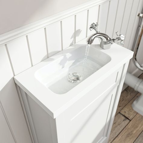 Narrow Vanities For Small Bathrooms, Small Cloakroom, Cloakroom Vanity Unit, Narrow Bathroom, Timeless Bathroom, Downstairs Loo, Cloakroom Basin, Compact Bathroom, Downstairs Toilet