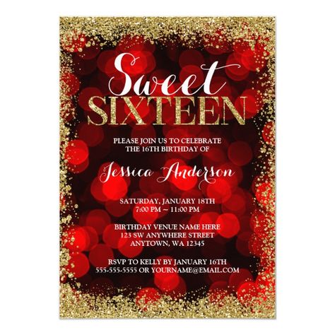 Red Sweet 16, Hollywood Sweet 16, 15 Quinceanera, Birthday Venues, Sparkle Birthday, Glitter Birthday Parties, 16th Birthday Card, Sweet 16 Decorations, Quinceanera Invitation